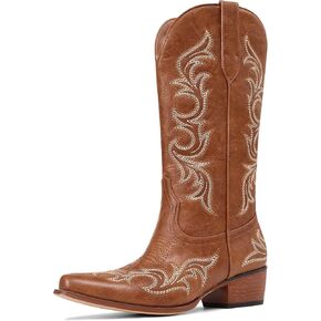 Ouepiano Cowboy Boots for Women Cowgirl Mid Calf Western Embroidered Chunky heels Pointed Toe Pull On Vintage Fashion Country Boot