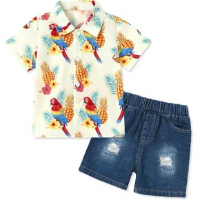 Coco&RARA Toddler Baby Boy Clothes Summer Beach Outfits Hawaiian Short Sleeve Button Down Shirts+Denim Shorts Casual Set 1-5T