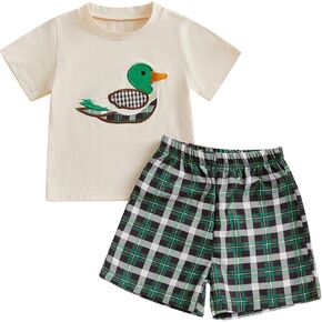 Toddler Baby Boy Hunting Outfit Summer Short Sleeve Mallard Duck T-shirt Checkered Plaid Shorts Two Piece Clothes