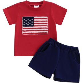 4th of July Baby Boy Outfit American Flag Embroidery Short Sleeve T-Shirt and Shorts Set Toddler Boy Summer Clothes