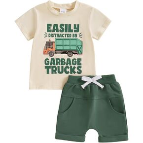 Toddler Baby Boy Garbage Truck Short Sleeve T-Shirt Tops Shorts Set Trash Day Truck Driver Outfit 2Pcs Summer Clothes