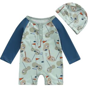 Toddler Baby Boy Swimsuit Rash Guard Fish Golf Pattern Snap Button Long Sleeve Swimwear with Swim Cap in Saudi Arabia