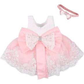 Infant Baby Girls Dress with Hairband, Pageant Wedding Flower Girls Dress, Floral Lace Back Big Bow Dress