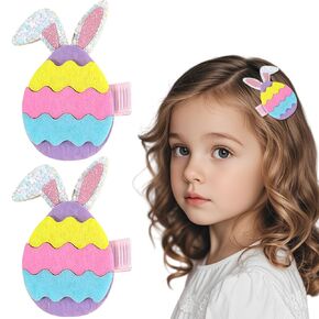 Easter Hair Clips for Girls, 2pcs Colorful Egg Hair Accessories Cute Cartoon Baby Hair Alligator Barrettes Egg Bunny Ears Hairpins Toddlers Kids for Party Princess Cosplay Decoration