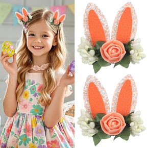 2Pcs Easter Bunny Hair Clips for Girls,Pink Glitter Rabbit Ear Alligator Clips,Pink Rose Flower Barrettes Hairpin,Children Hair Accessories for Easter Party, Festival Favor Gift (pink)