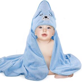 Baby Bath Towel,Ultra Soft Hooded Baby Towel,Toddler Bath Towels with Animal Design,Absorbent Baby Hooded Towel Shower Gifts for Baby Boys Girls,31.5x31.5 inch(Blue Puppy) (Blue Puppy)