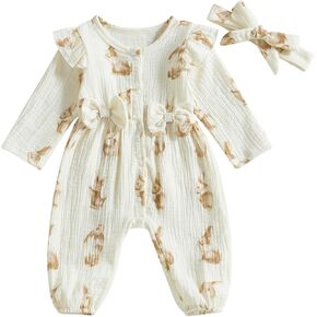 Newborn Baby Girl Easter Clothes Carrot Bunny Ruffle Long Sleeve Romper Jumpsuit Headband Bodysuit Spring Outfit