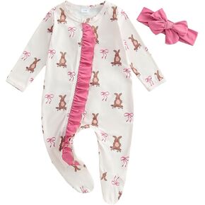 Easter Baby Girl Outfit Long Sleeve Bunny Print Footies Romper Bodysuit Jumpsuit Spring Clothes