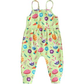 Toddler Baby Girl Easter Outfit Bunny Print Romper Bodysuit Sleeveless Jumpsuit Overalls Suspender Pants