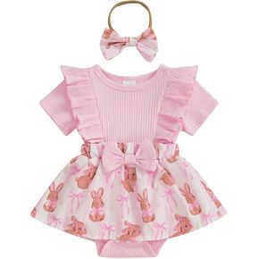 Newborn Baby Girl Easter Outfit Rabbit Romper Dress Ribbed Ruffle Skirt Hem Jumpsuit Cute Summer Clothes