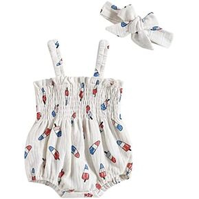 YINGISFITM 4th Of July Baby Girl Outfit American Flag Jumpsuit Sleeveless Romper Dress Ice Cream Print Fourth Of July Clothes