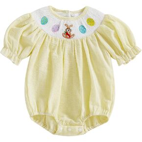 Baby Girl Easter Outfit Newborn Bunny Bubble Romper Infant Big Bowknot Plaid T Shirt Top Toddler Summer Clothes in Kuwait