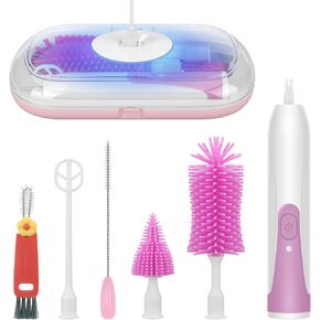 Electric Bottle Brush Cleaner, Maypott Portable Waterproof Silicone Baby Bottle Brush Baby Bottle Drying Rack Travel Bottle Cleaner Kit with Straw Brush, Mixing Head and Cup Gap Cleaning Set (Green)