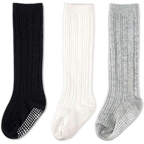 Cozyway Baby & Toddler Knee High Socks with Grippers Non Slip Grip For Girls Soft Comfy Cotton - Multi Color - 3 Pack