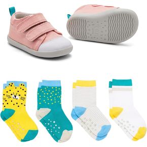 Ten Little First Walker Kids’ Shoes & Crew Socks Bundle for Baby & Toddler Boys & Girls, Rose Pink Shoe Size 6, Crew Socks with Non-Skid Grips 4 Pk