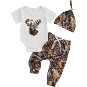 Newborn Baby Boy Hunting Outfit Deer Mallard Duck Romper Jungle Camo Pants Set Hat 3 Piece Fall Winter Clothes