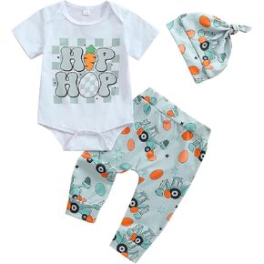 My First Easter Baby Boy Girl Outfit Infant Short Sleeve Romper Bunny Long Pants Hat 3Pcs Easter Clothes Set