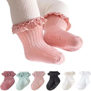 Looching 6 Pack Baby Baby Toddler Girls Anti Slip Sclofs Frilly Frilly Non Skid with Grips Cute Congle Lace Socks for Infant Kids