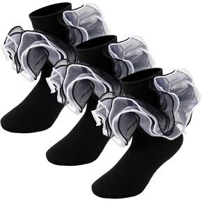 Toddler Girls Ruffle Socks Girl Black Lace Frilly Dress Socks Turn Cuff Sock with Big Ruffles for Baby Little Kids