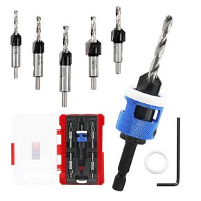 Adjustable Depth Stop Carbide Tipped Countersink Bit for Wood,1/8"+9/64"+5/32"+11/64"+3/16" HSS M2 Tapered Bits Screwdriver Bit for Woodworking Plastic,Wood.Pilot Screw Hole Set