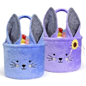 Faylapa Easter Bunny Basket Bags, 2Pcs Plush Easter Bunny Baskets with Plaid Long Plush Ear, Personalized Easter Eggs Basket for Party Decorations Candy Gifts(Blue+Purple)