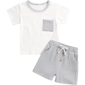 Toddler Baby Boy Summer Clothes Short Sleeve T-shirt Tops Pocket Elastic Waist Shorts Casual Outfit 12-24 Months 2-5T