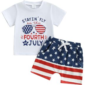 Baby Toddler Boy Girl 4th of July Outfit Short Sleeve T-Shirt+Shorts American Flag Matching Clothes