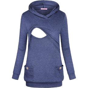 Hoodie Joymom مريح التمريض ، قمم الأمومة الأكمام الطويلة تغذيت قميص قميص مبكر الحمل الخريف ملابس غير رسمية مع راحة الجيب مناسبة ما بعد الولادة حبر الأزرق S