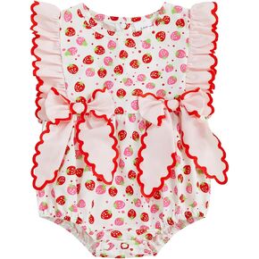 Baby Girl Strawberry Outfit Strawberry Print Smocked Romper Short Sleeve Jumpsuit Birthday Onesie Summer Clothes
