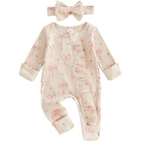 Baby Girl Winter Clothes Newborn Little Sister Going Coming Home Outfit Ruffle Mitten Romper Cute Ribbed Jumpsuit