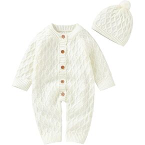 Hadetoto Newborn Baby Sweater Romper Knit Outfits Long Sleeve Jumpsuit with Warm Hat for Infant Boy Girl
