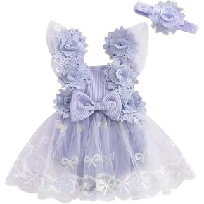 Infant Baby Girl Romper Dress Sleeveless Bow Flower Lace Tulle Dress Bodysuit Headband Newborn Summer Outfits