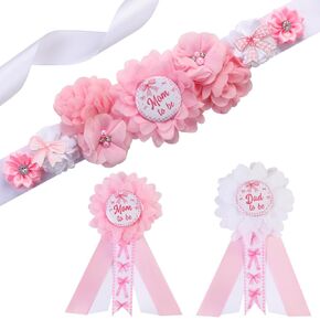 Pink Bow Gender Reveal Maternity Sash Kit, Pink Baby Shower Belly Belt and Mom to Be Dad to Be Corsage Pins, New Parent Pregnancy Announcement Photo Props Party Supplies