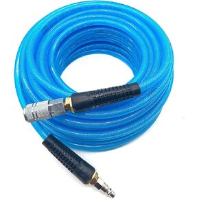 Polyurethane (PU) Air Hose 3/8-Inch by 100 FT Lightweight, Kink Resistant, All-Weather Flexibility with 3/8-Inch Male Fittings, Bend black Restrictors, Transparent blue (100FT)
