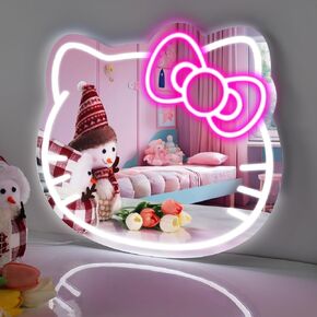 Hello Kitty Vanity Mirror with Neon Sign 16 x 14inch Large Size, Hello Kit led Mirror Adjustable Brightness USB Powered, Pink Bow, Girl Room Decor Mirror, Women Wall Makeup Mirror for Bedroom