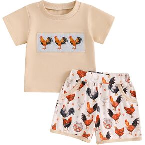 Baby Boy Girl Farm Outfit Short Sleeve Chicken Embroidery T Shirt Rooster Hen Animals Print Shorts Summer Clothes