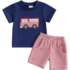 Toddler Baby Boy Summer Outfits Short Sleeve Fire Truck Embroidery T-Shirt + Short Pants 2Pcs Set Casual Clothes in Kuwait