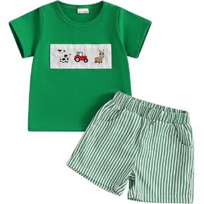 Toddler Baby Boy Summer Outfits Short Sleeve Fire Truck Embroidery T-Shirt + Short Pants 2Pcs Set Casual Clothes