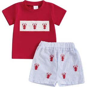 Toddler Baby Boy Crawfish Outfits Short Sleeve Lobster T Shirt Striped Shorts Set Infant Smocked Summer Clothes