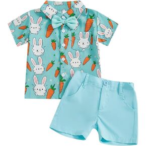 Toddler Baby Boy Easter Clothes Bunny Carrot Short Sleeve Shirt Tops Solid Color Shorts Set 2Pcs Gentleman Outfit