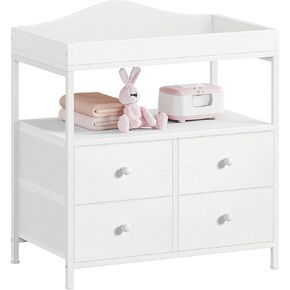 BOLUO White Changing Table Dresser with 4 Fabric Drawers and Open Shelf, Baby Dresser with Changing Table Top Diaper Changing Station with Storage for Nursery Modern
