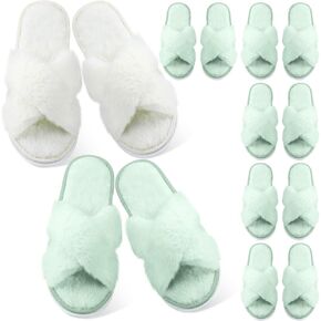 7 Pairs Sage Green Bridesmaid Slippers Blue Purple Women's Cross Band Fuzzy Bridal Party Slippers Bachelorette Gifts for Wedding Bridal Shower Party
