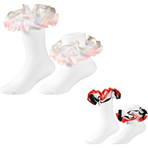 Baby Girls Two Tone Blue Lace Ruffle Socks, Double Frilly Fancy Dress Socks for Toddler Girls 1T-3T/4T-6T/6-8T