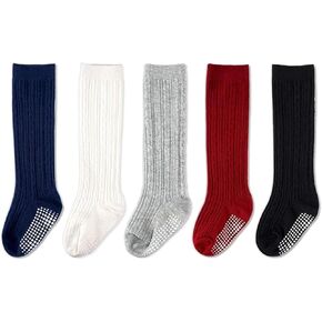 Cozyway Baby & Toddler Knee High Socks with Grippers Non Slip Grip for Girls Soft Comfy Cotton - Multi Color - 5 Pack