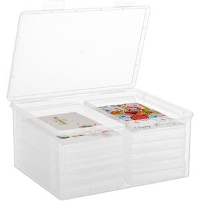 Rainmae Photo Storage Box 5 Inch, 12 Inner Extra Large Photo Boxes, Plastic Trading and Greeting Cards Storage Container, Scrapbooking Craft Organizer with Lid for Photos Stamps etc (Clear, 12 Boxes)