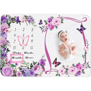 Chumia Baby Monthly Milestone Blanket for Baby Girl 59"x39" Floral Butterfly Photo Prop Age Milestone Blanket with 2 Felt Floral Wreath Frame(Purple)