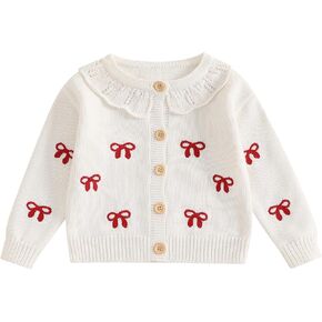 Toddler Baby Girl Knit Cardigan Sweater Bow Print Ruffle Long Sleeve Button Down Sweaters Fall Winter Clothes