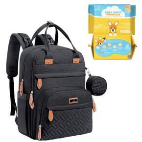 BabbleRoo Diaper Bag Backpack Set with Baby Dry Wipes 100 Counts (Pack of 2) - Black