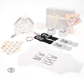 New Parents Pregnancy Gift – Mom and Dad Est 11 oz Whiskey Glass Gift Set with Romper, and Baby Socks, ​Newborn Security Blanket, Decision Coin, Bib, Creative Knitted Flower