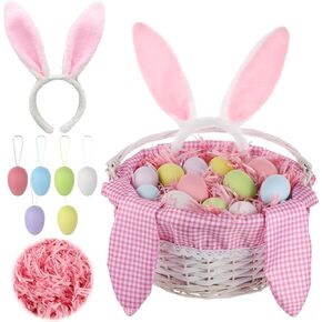 مجموعة سلة هدايا Cieovo Easter Bunny تشمل سلة الخوص مع بطانة منقوشة الأرنب بيض البيض رافيا الورق العشب لتخزين البيض تخزين هدية عيد الفصح